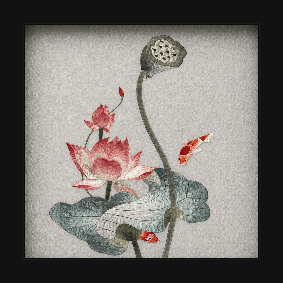 Embroidered lotus pond with koi fish in a black shadow-box frame — studio wall art at The Regenerative Studio