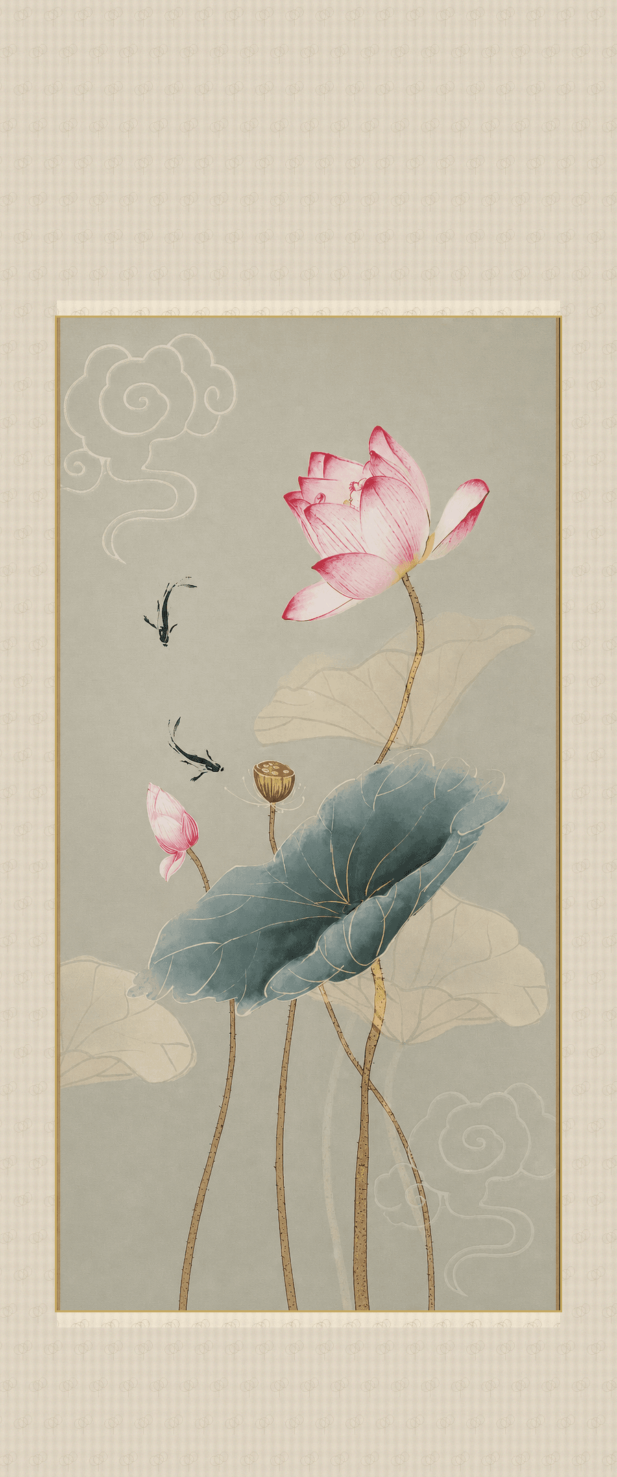 Tall lotus and koi hanging scroll with silk heaven and earth mounts — studio wall art at The Regenerative Studio