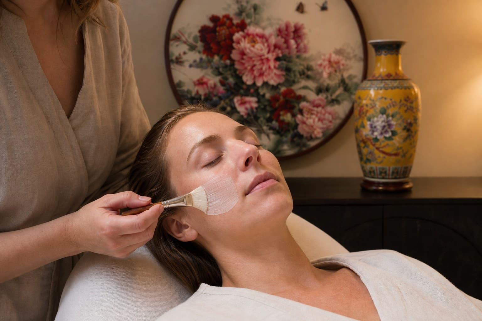 Brush application of a treatment mask during clinical skincare