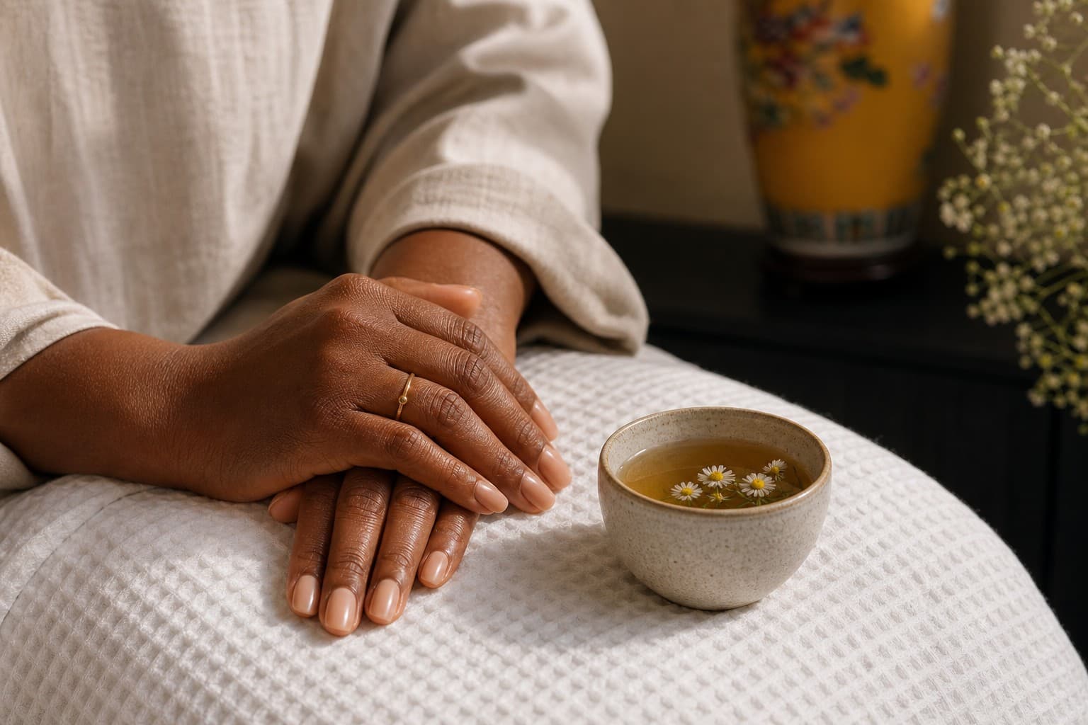 Quiet restorative moment that preserves facial identity after clinical care