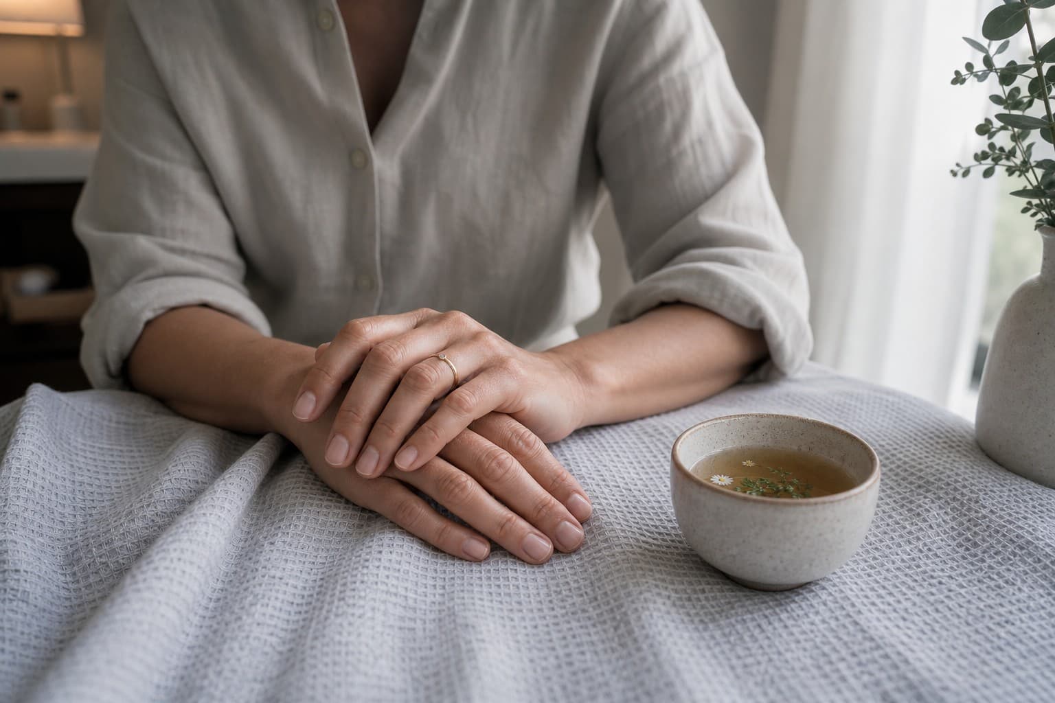 Hands resting over warm linen beside a cup of herbal tea in soft morning light