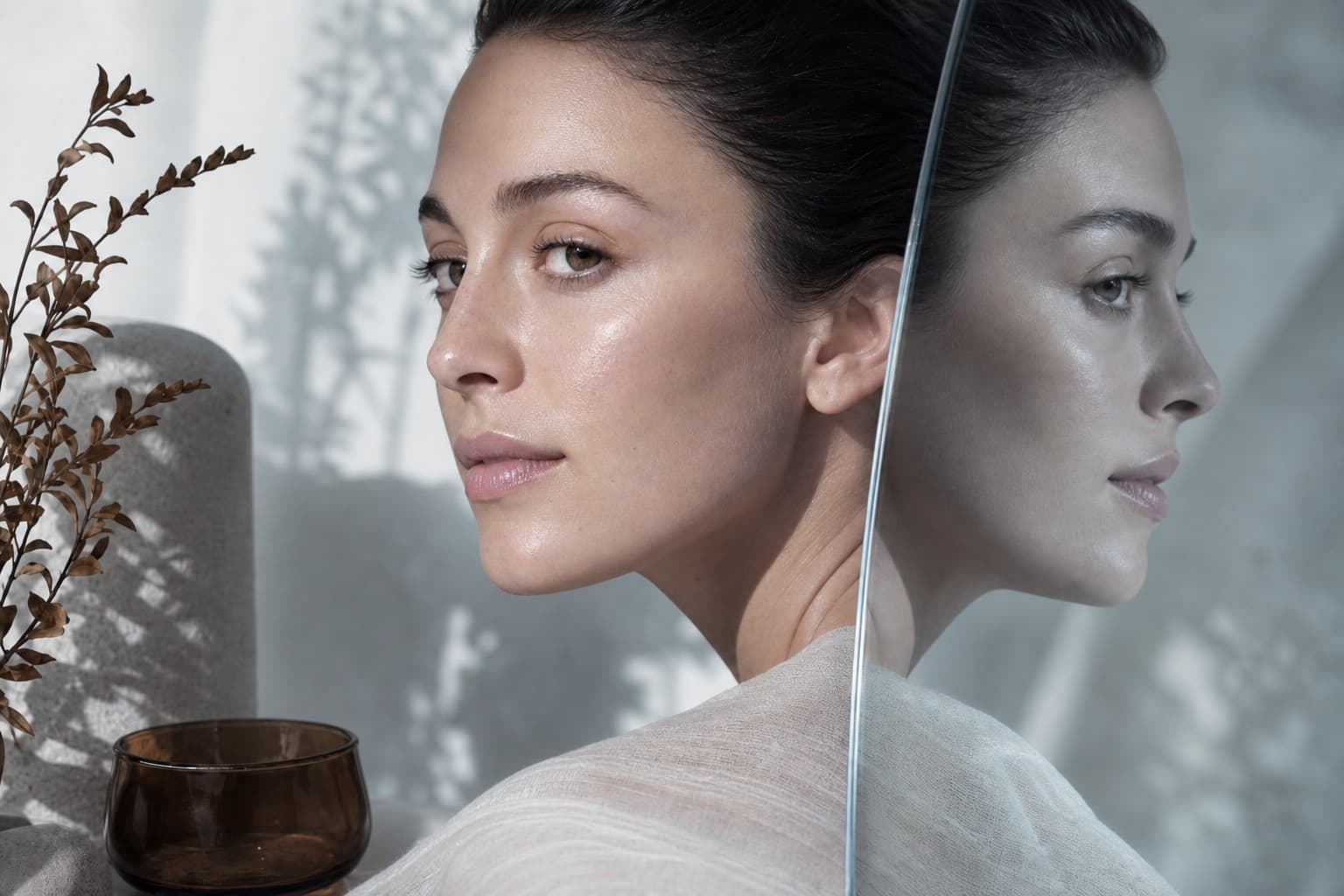 Natural glowing skin with botanical shadow beside a cooler mirrored reflection