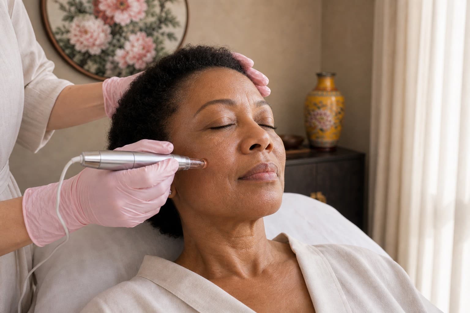 Mid-pathway microneedling on the cheek during a five-phase remodeling series