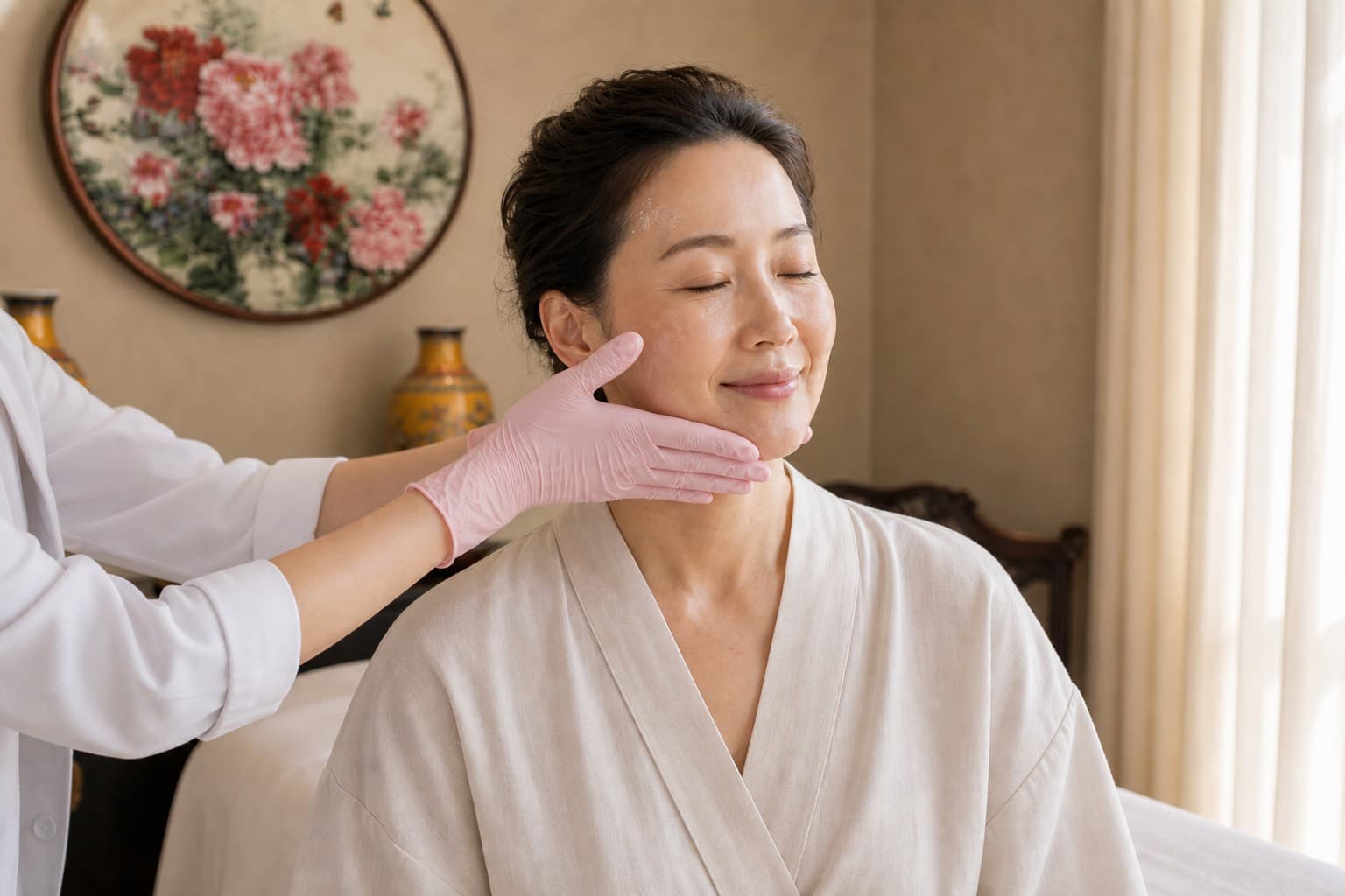 Hands providing serum facial care during pathway consolidation
