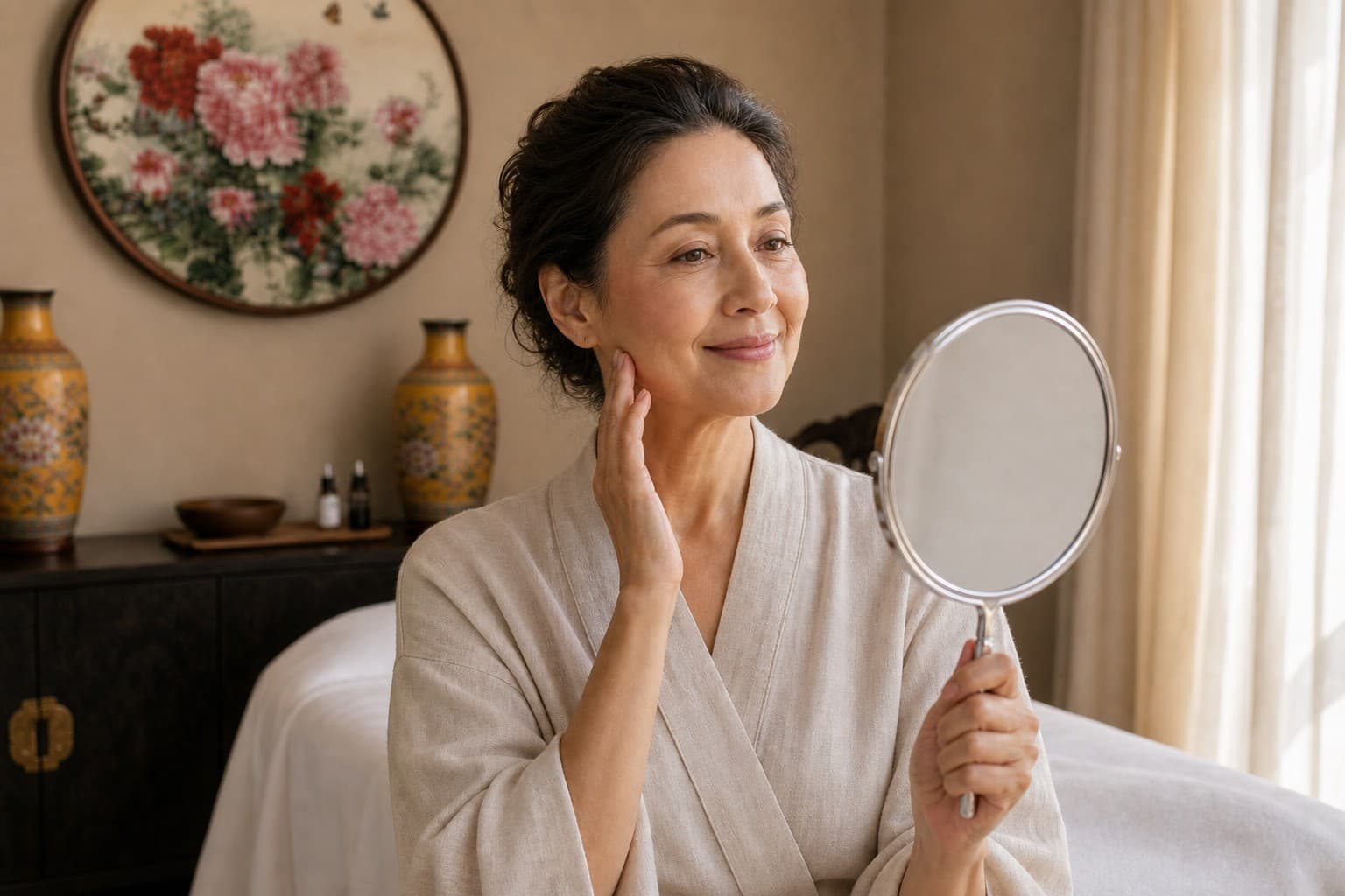 Patient reflecting in a hand mirror after completing a clinical care series