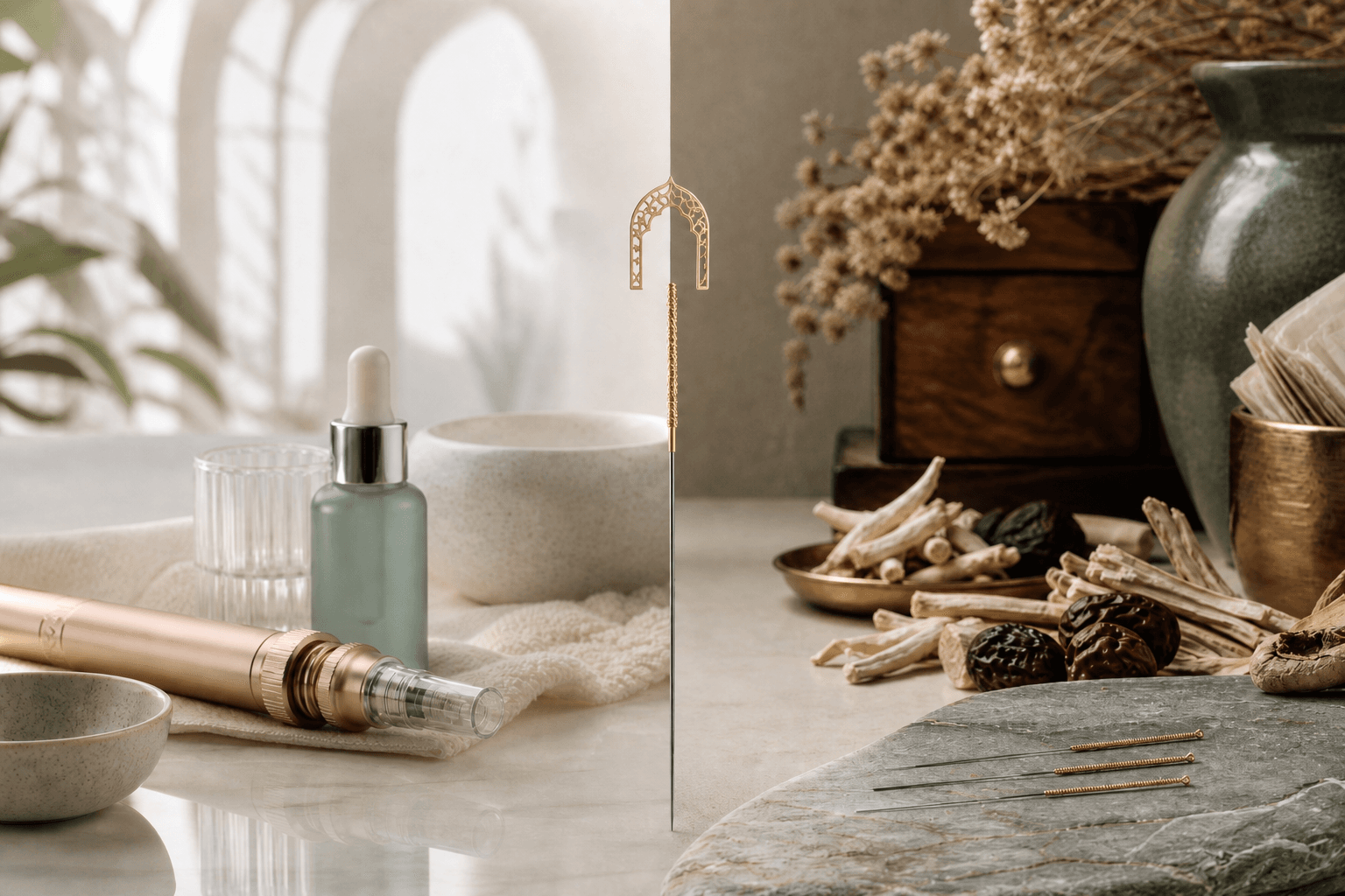 Split still life uniting a rose-gold ACULIFT microneedling pen in porcelain clinical tones with acupuncture needles and dried herbs in botanical green and gold