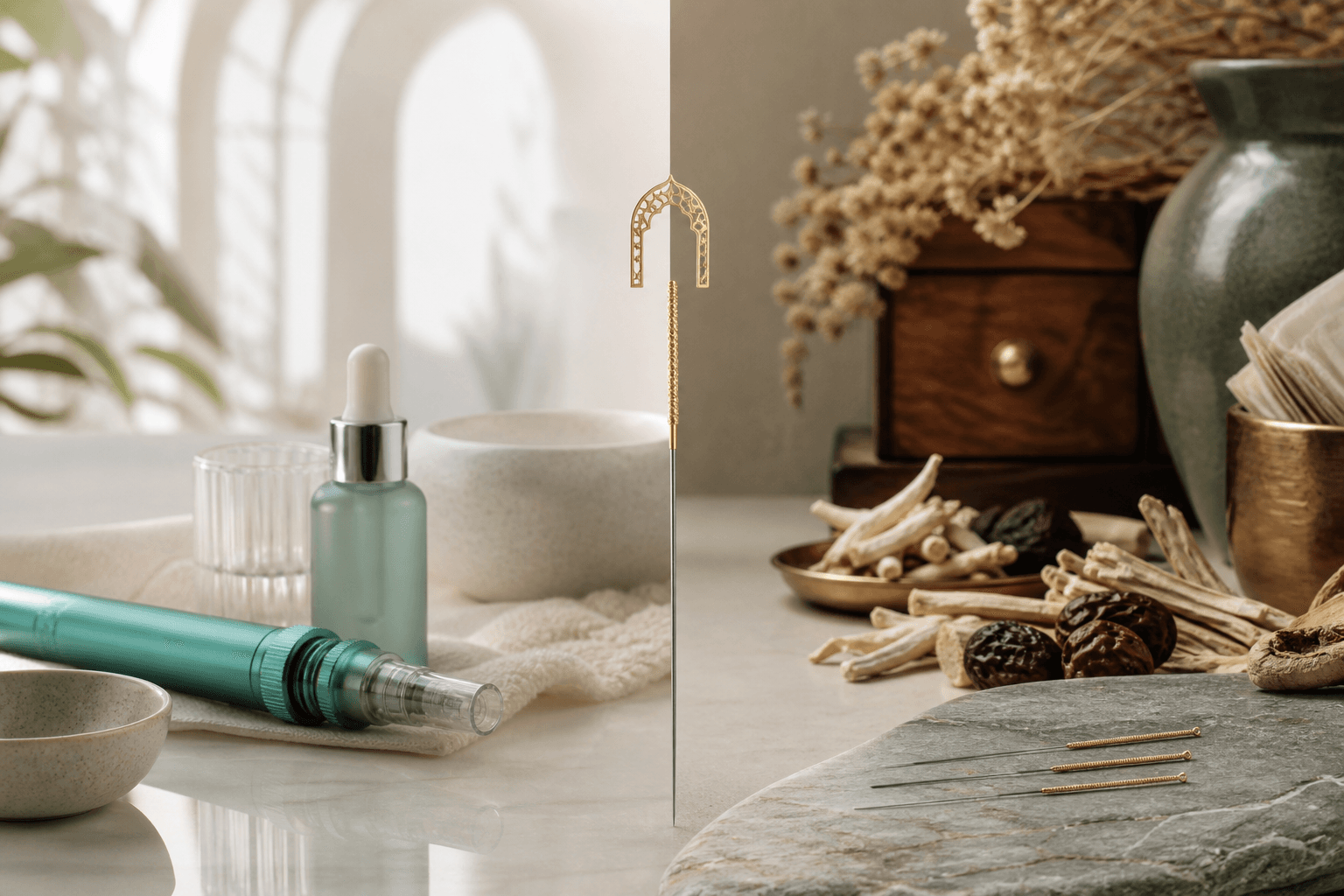 Split still life uniting regenerative microneedling tools in porcelain teal tones with acupuncture needles and dried herbs in botanical green and gold
