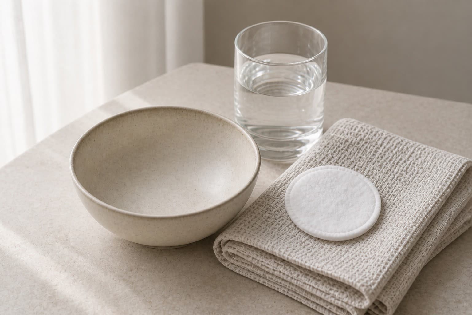 Linen towel, ceramic bowl, and water glass prepared before a microneedling visit