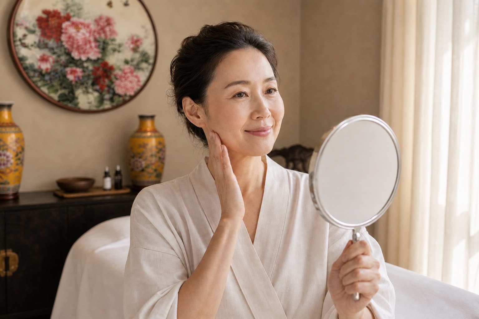 Mature East Asian woman reflecting in a round mirror in the Glen Allen treatment room