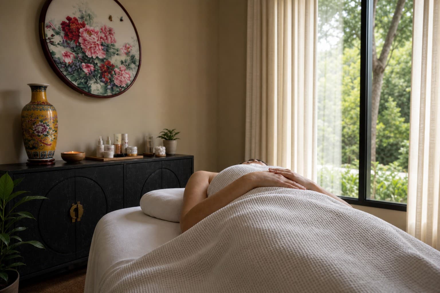A person resting on a linen treatment table in the Glen Allen care room with peony art and soft curtain light