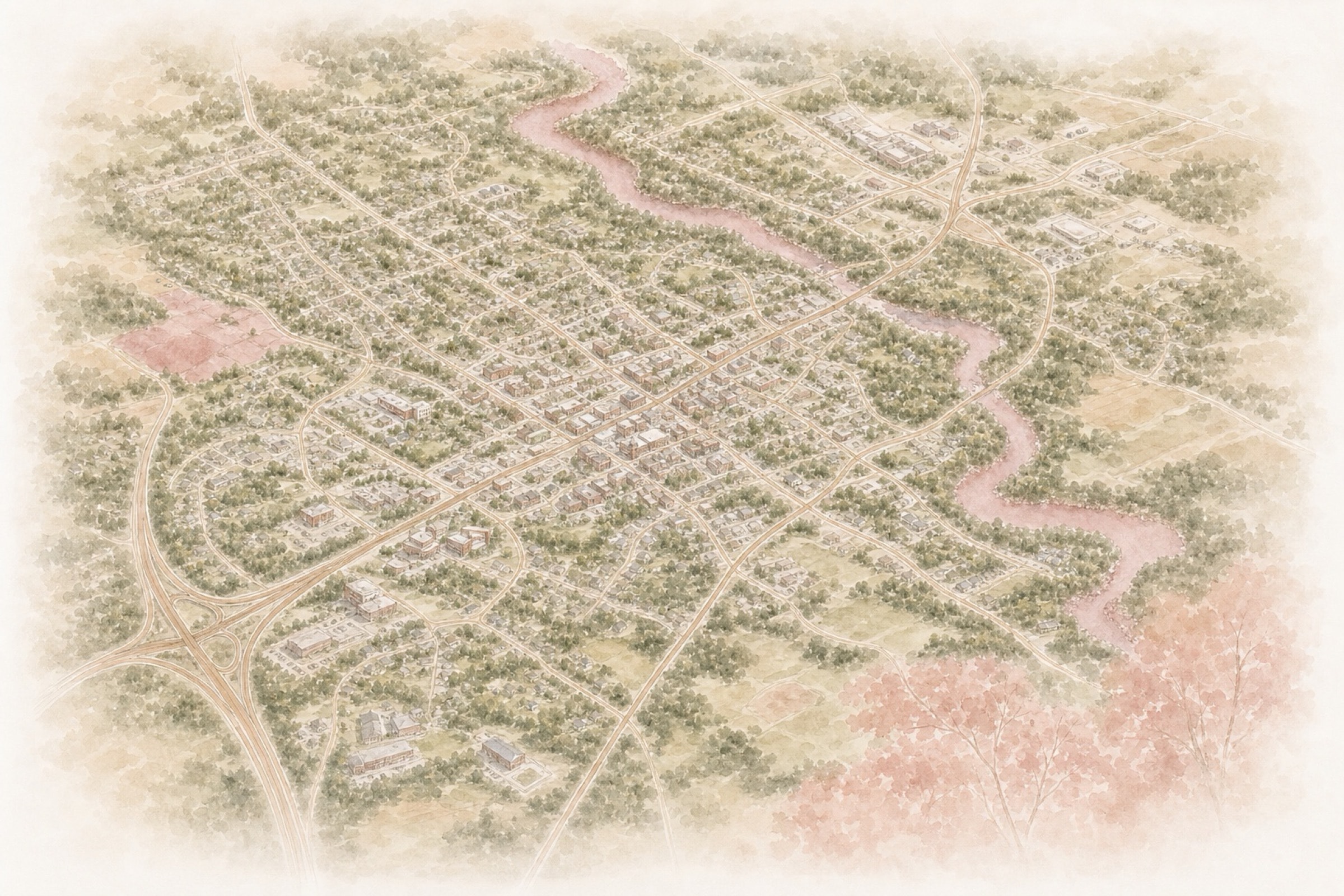 Bird’s-eye watercolor view of Ashland and the northern corridor
