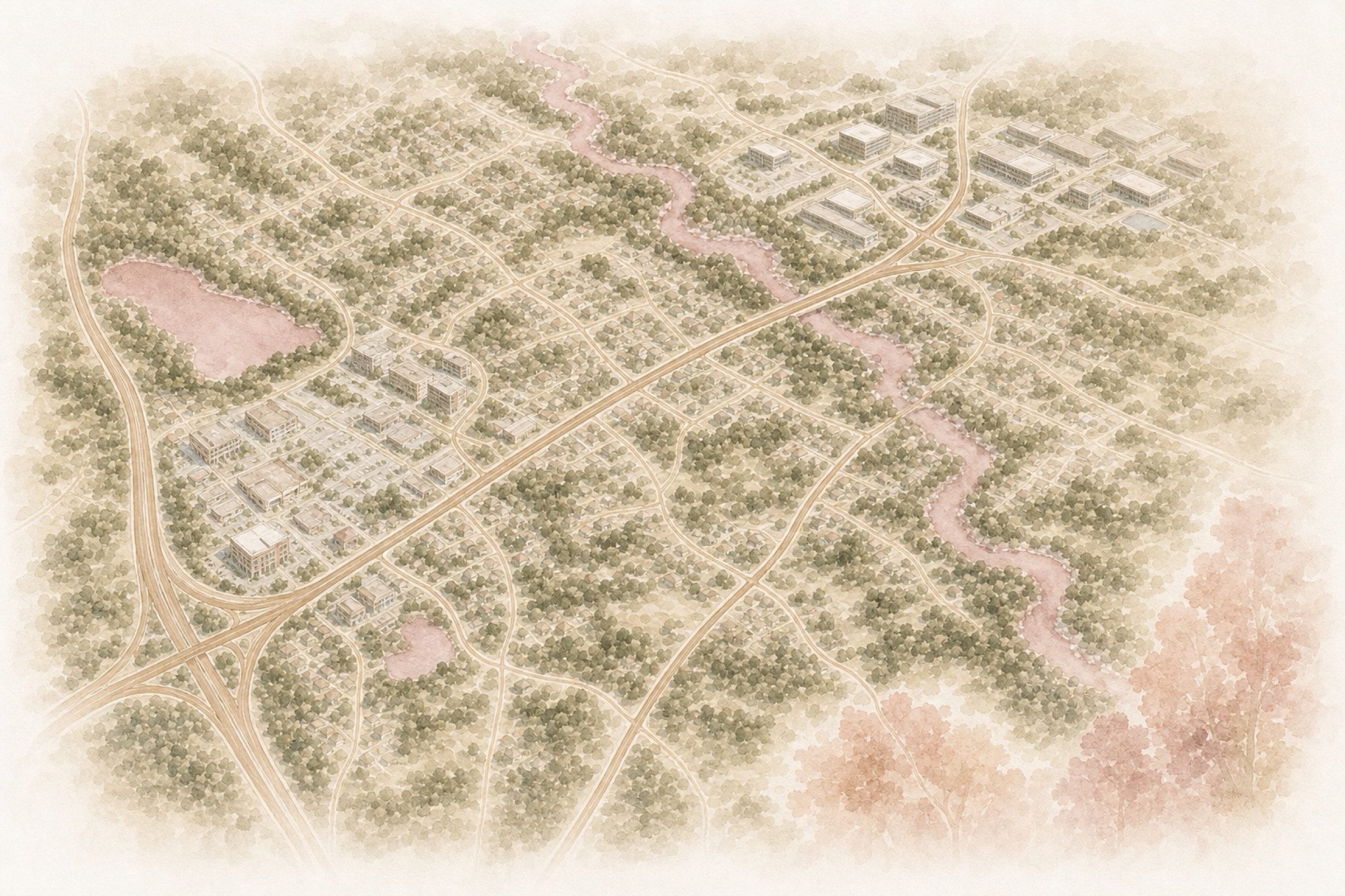 Bird’s-eye watercolor view of Glen Allen around Springfield Road