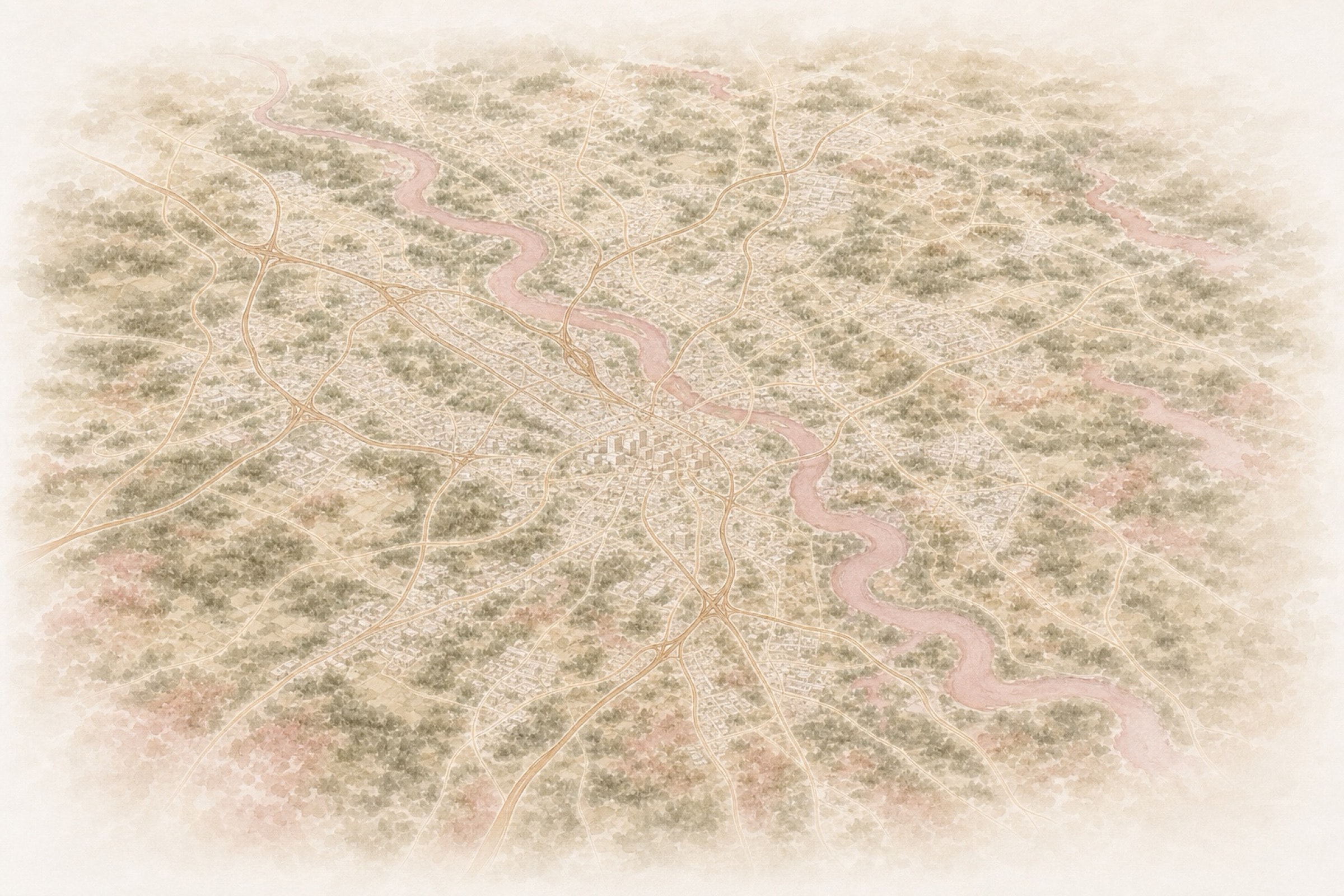 Bird’s-eye watercolor view of the Greater Richmond metro