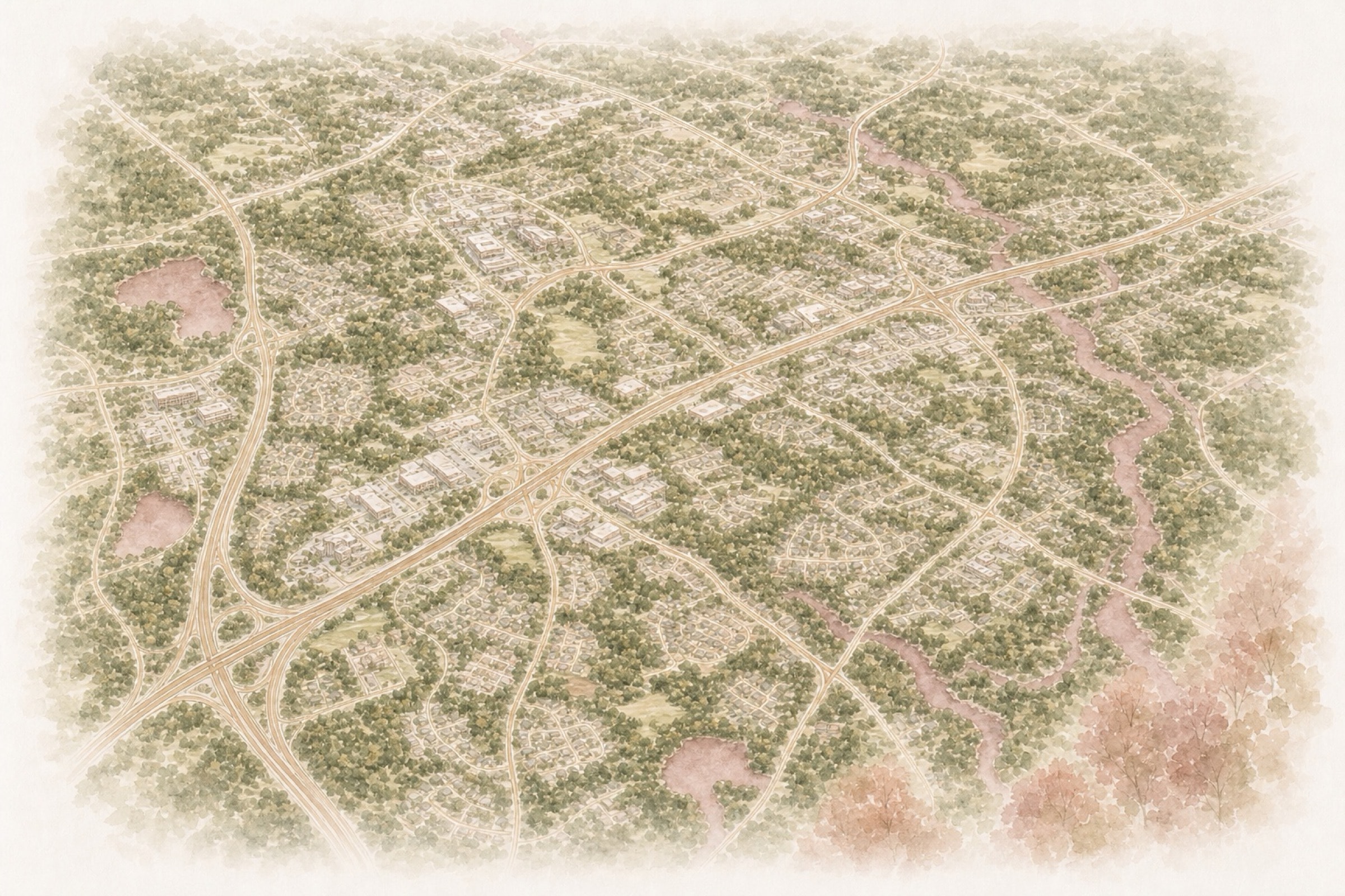 Bird’s-eye watercolor view of western Henrico County