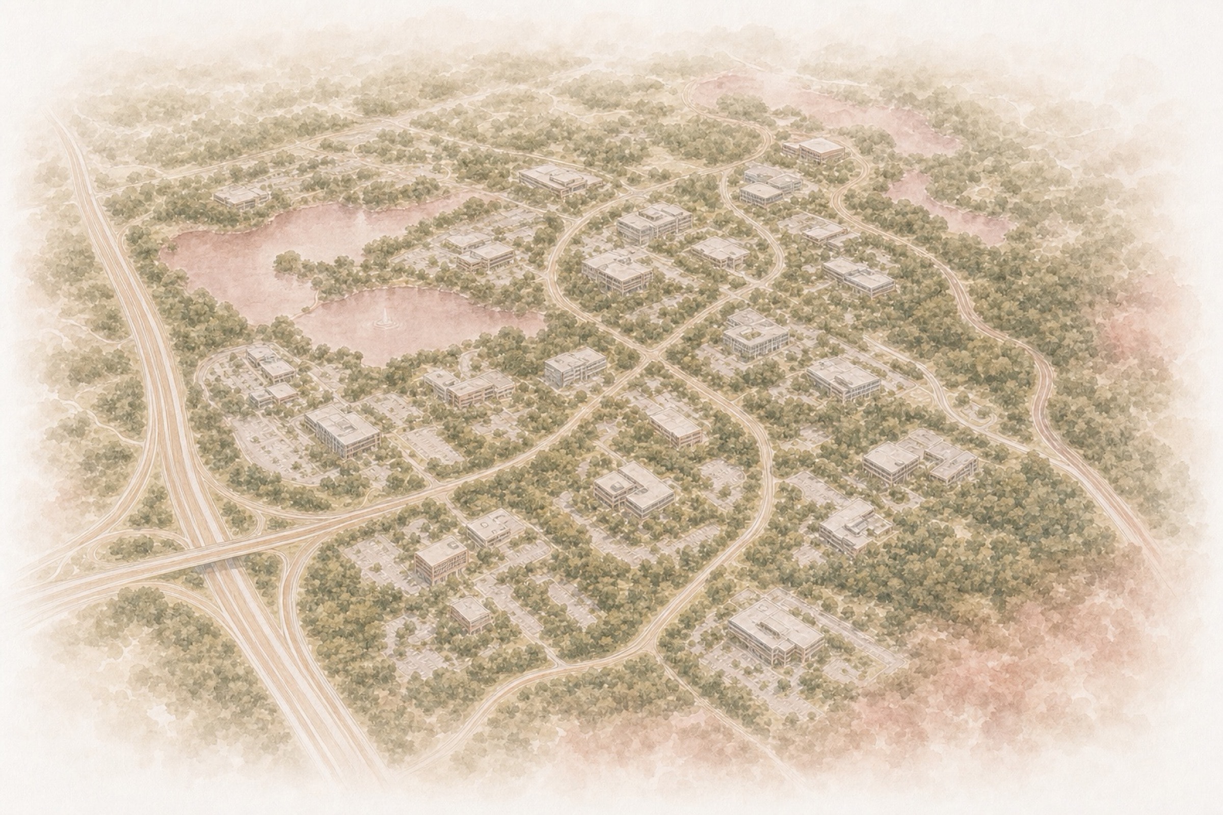 Bird’s-eye watercolor view of the Innsbrook corporate campus