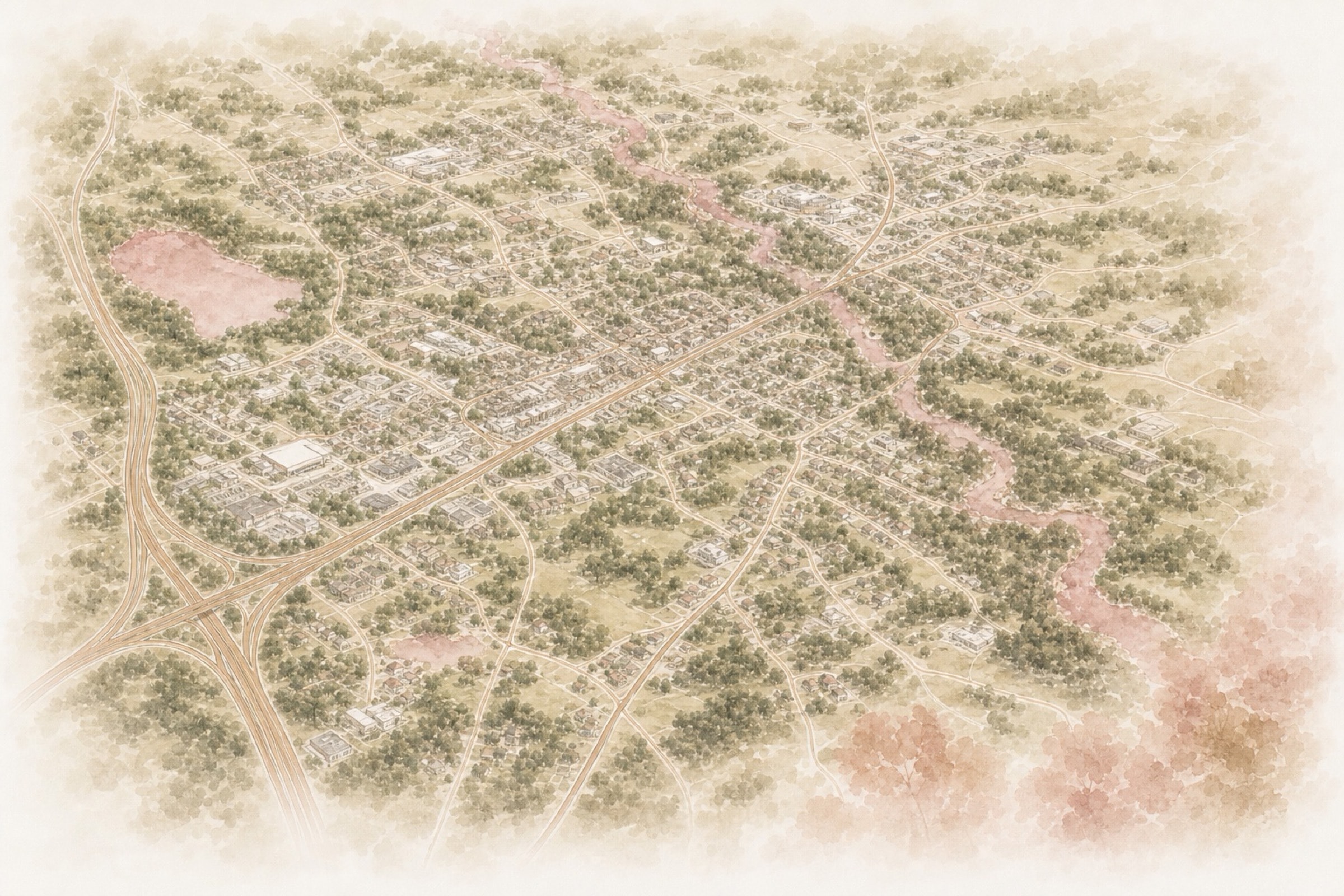 Bird’s-eye watercolor view of Mechanicsville corridors