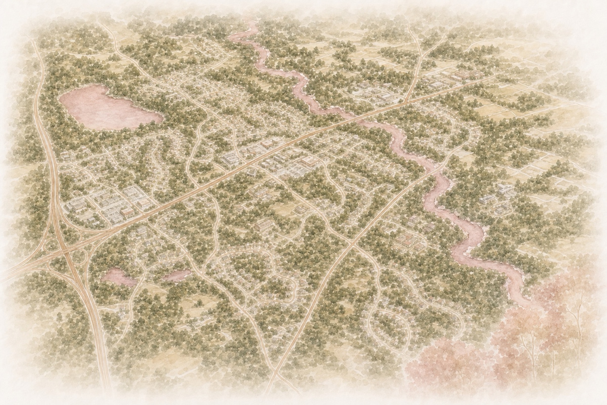 Bird’s-eye watercolor view of Midlothian neighborhoods