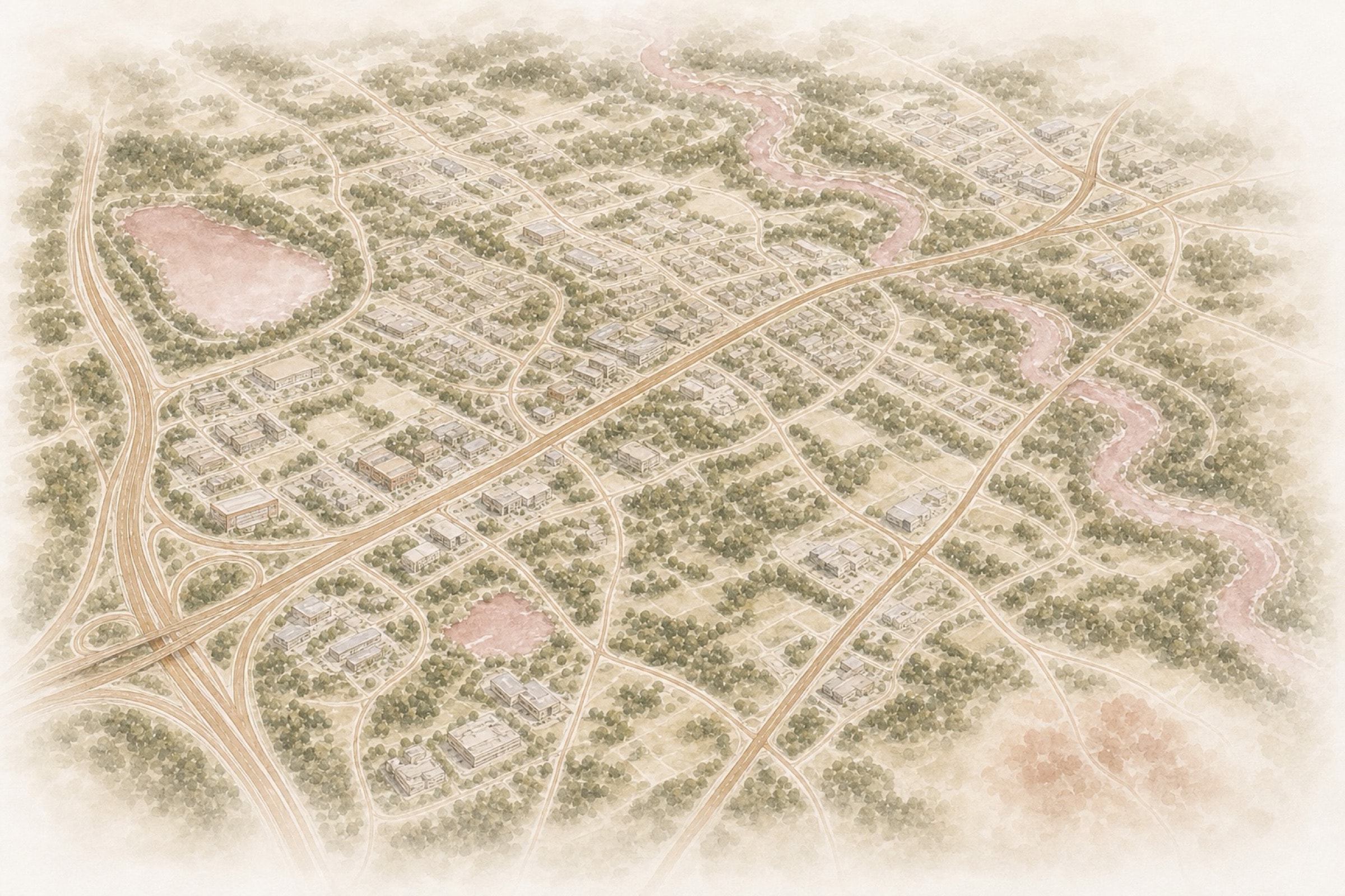 Bird’s-eye watercolor view of the Short Pump corridor along West Broad