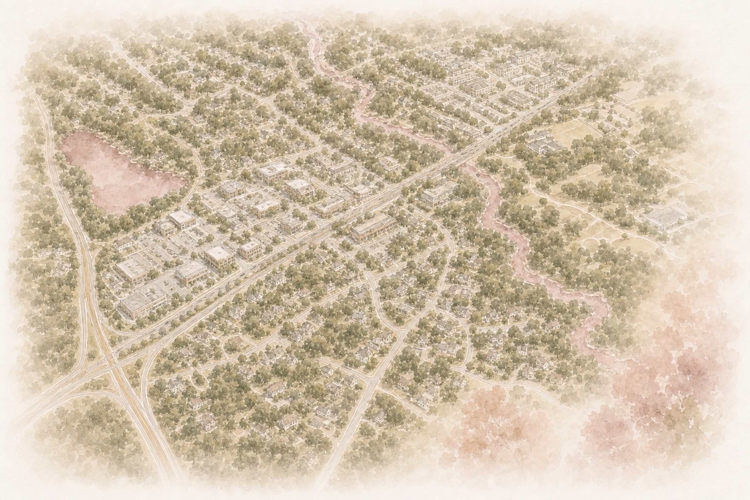 Bird’s-eye watercolor view of Tuckahoe along Patterson and Three Chopt