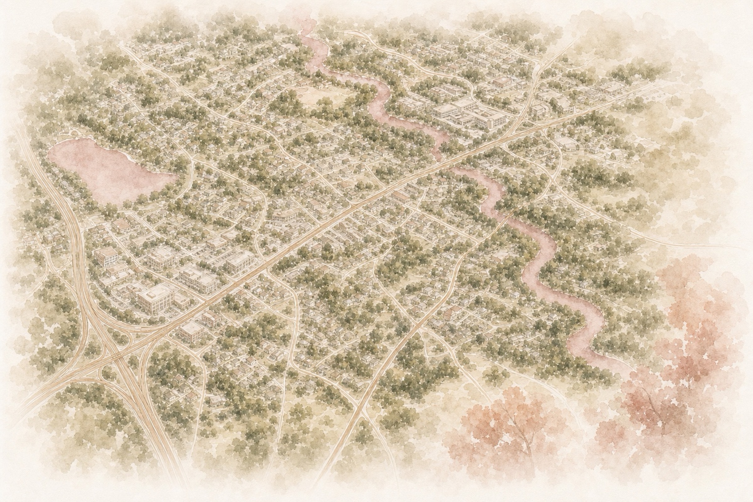 Bird’s-eye watercolor view of West End Richmond neighborhoods