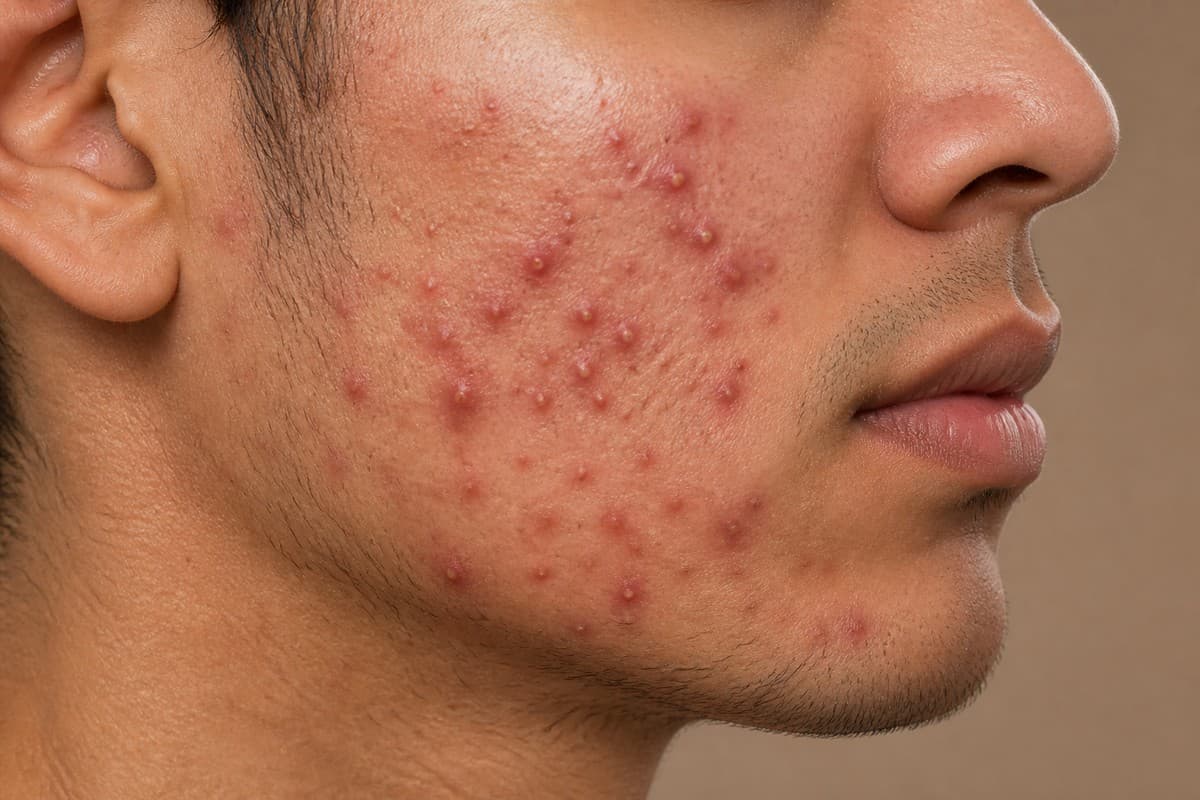 Close study of inflamed facial texture relevant to Restore · Active Acne care
