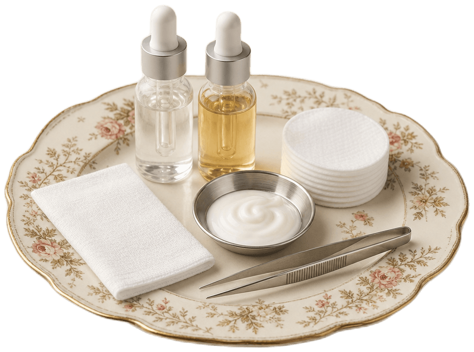Antique floral plate with modern serums, cream, cotton pads, tweezers, and a towelette